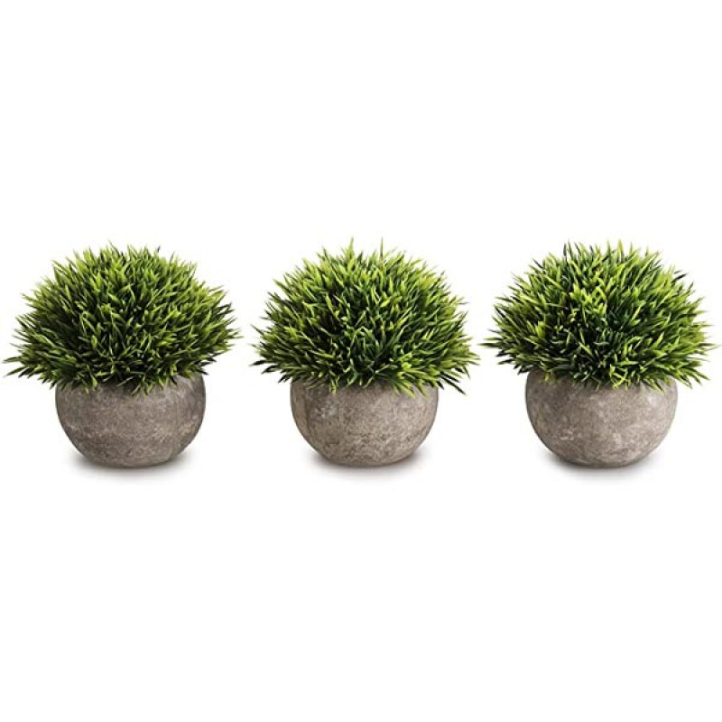 Opps Mini Artificial Plants Plastic Fake Green Grass Topiary Shrubs with Gray Pot for Home Décor